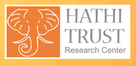 on the left, the HathiTrust logo: an outline of white african elephant head over an orange background; on the right, the text 'Hathi Trust Research Center'.