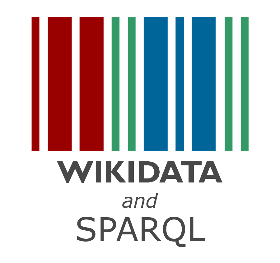 wikidata logo on clear background: stylized bar codes with bars in three colors (red, green, and blue) with the words wikidata and SPARQL beneath