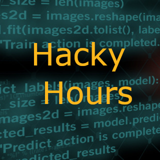 Text, The Carpentries Hacky Hours Drop-in Sessions; overlaying random code.