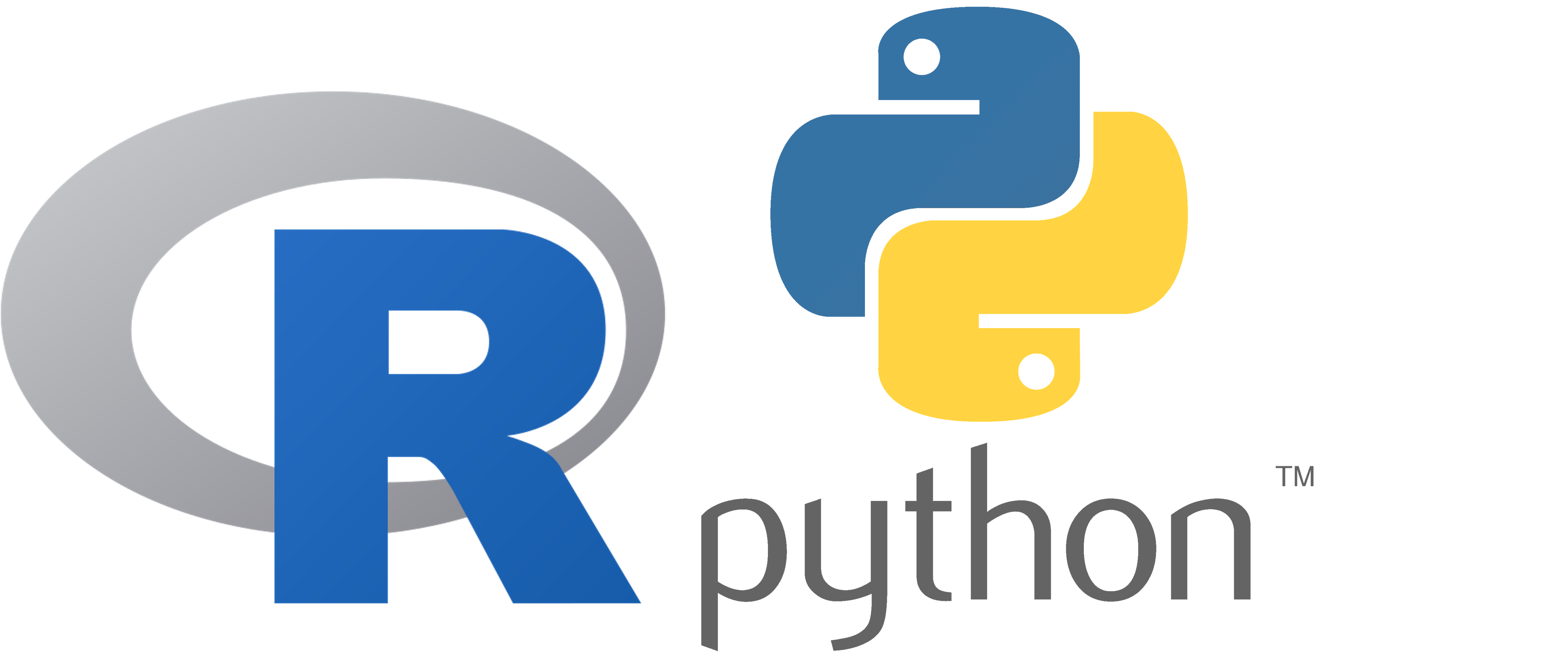 R logo, large letter R, and Python logo, the words Python under a blue and yellow symbol