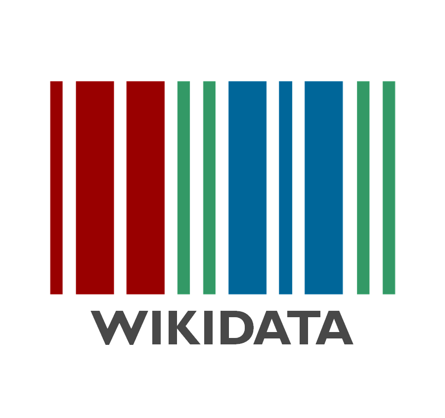 wikidata logo on clear background: stylized bar codes with bars in three colors (red, green, and blue) with the word wikidata beneath