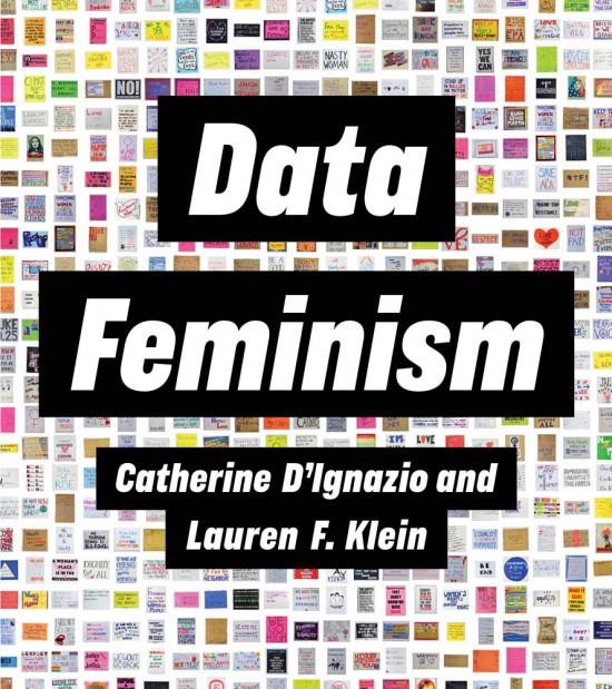 Data Feminism book cover: lots of little color squares with words data feminism over the top in white on black
