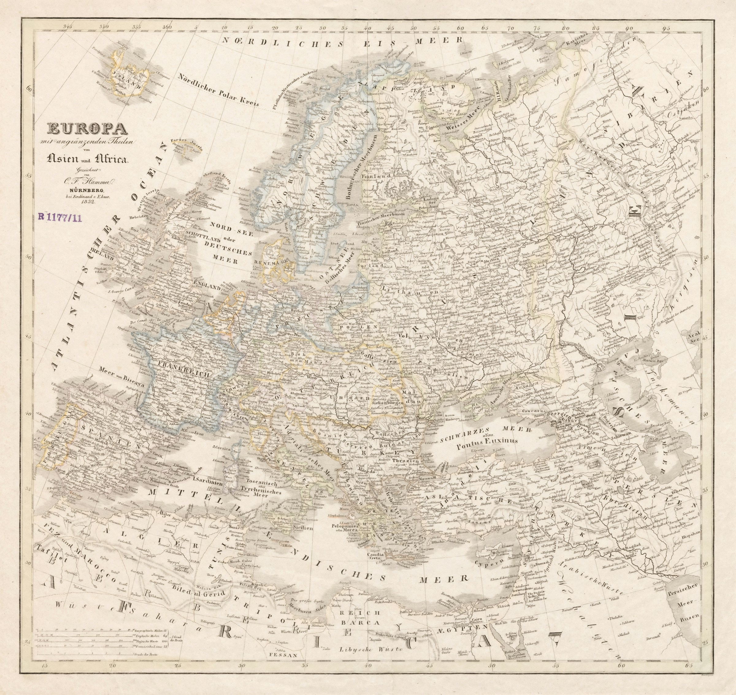 1832 map of Europe on faded parchment